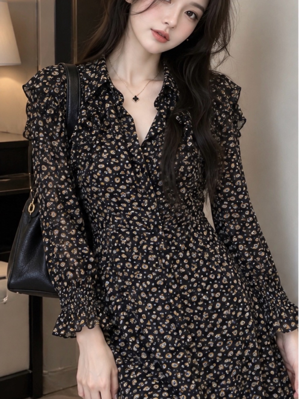 Black Floral Ruffle Long-Sleeve Dress